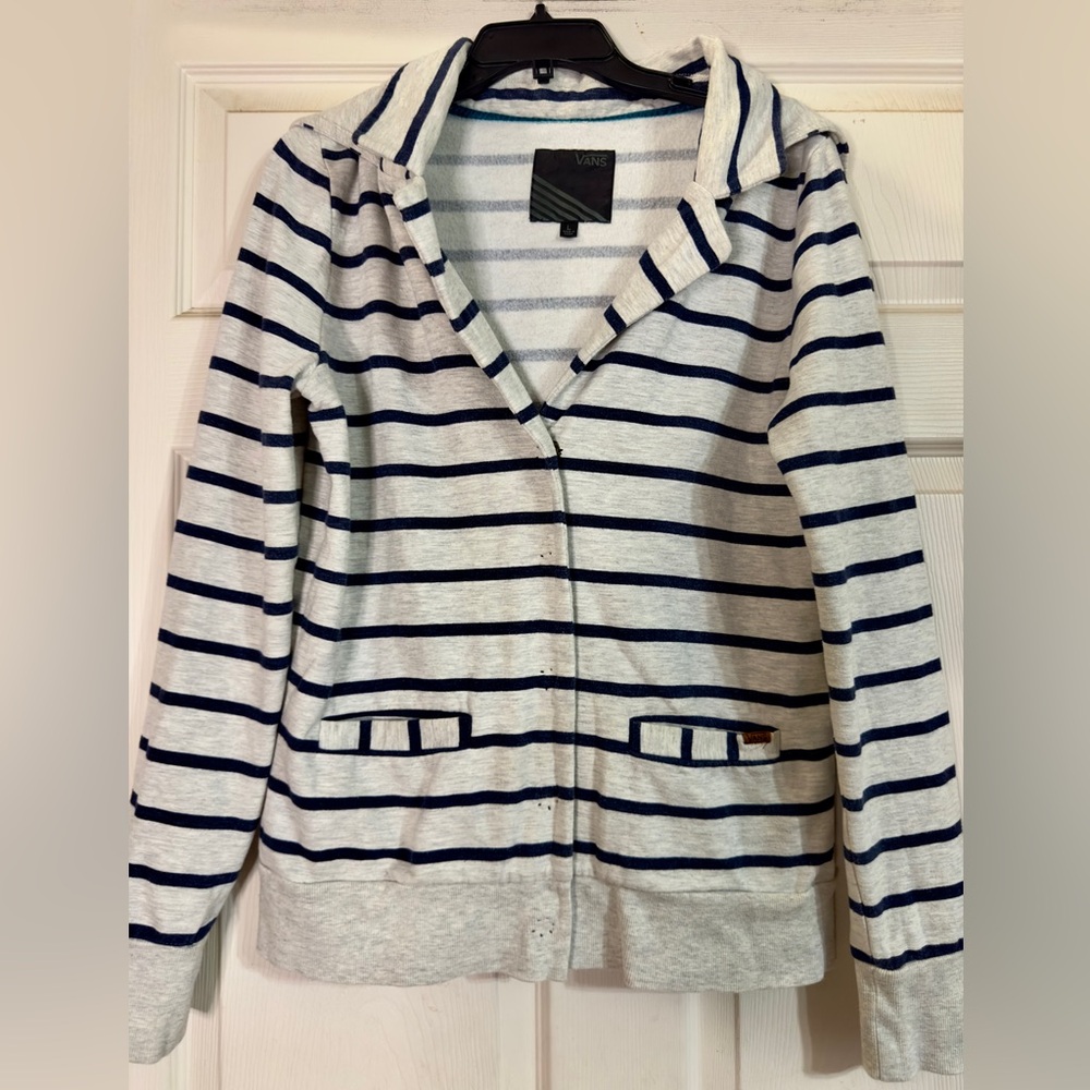 EUC Vans Off The Wall Womans Twee Grey‎ Blue Stripes Button Down Jacket Size L